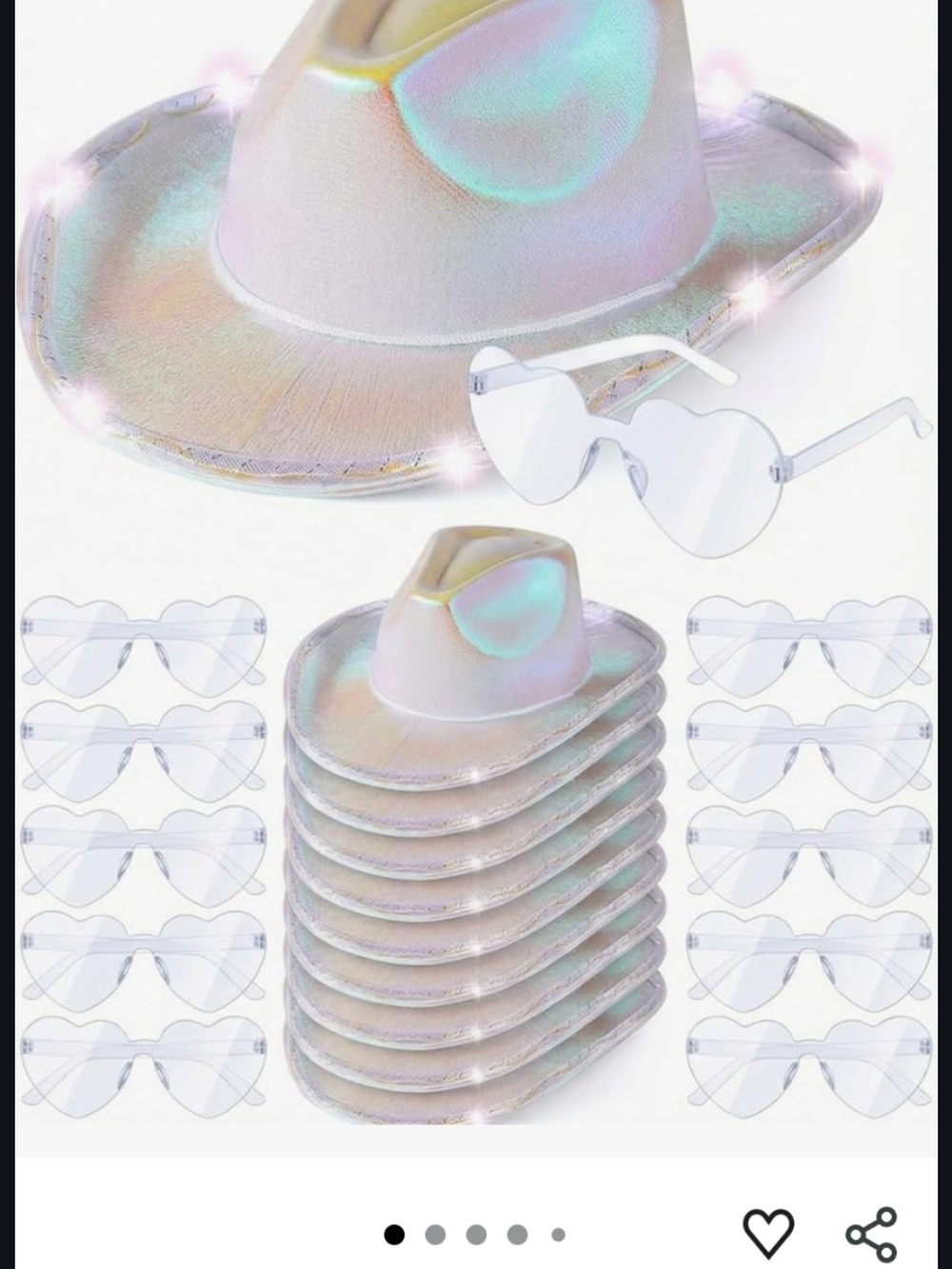 Iridescent LED Party Cowboy Hat and Heart Sunglasses Set - White